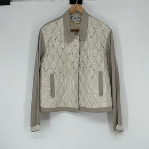 Faith by Celia Forrester Quilted‎ Sequin Jacket Women's XL Beige Embellished